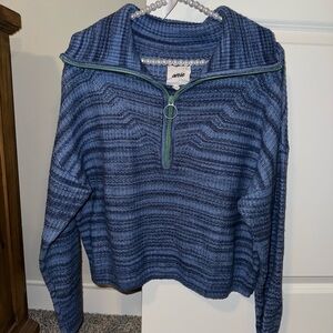 aerie Blue Knit Quarter-Zip Pullover with Mint Trim